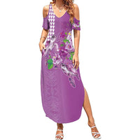 Hawaii Aloha Turtle Hibiscus and Leaves Summer Maxi Dress with Polynesian and Kakau Tattoos Lilac Color - Polynesian Pride
