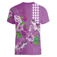 Hawaii Aloha Turtle Hibiscus and Leaves Women V-Neck T-Shirt with Polynesian and Kakau Tattoos Lilac Color - Polynesian Pride