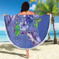 Hawaii Aloha Turtle Hibiscus and Leaves Beach Blanket with Polynesian and Kakau Tattoos Denim Color - Polynesian Pride
