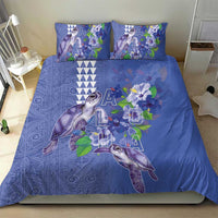 Hawaii Aloha Turtle Hibiscus and Leaves Bedding Set with Polynesian and Kakau Tattoos Denim Color - Polynesian Pride
