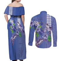 Hawaii Aloha Turtle Hibiscus and Leaves Couples Matching Off Shoulder Maxi Dress and Long Sleeve Button Shirt with Polynesian and Kakau Tattoos Denim Color - Polynesian Pride