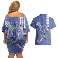 Hawaii Aloha Turtle Hibiscus and Leaves Couples Matching Off Shoulder Short Dress and Hawaiian Shirt with Polynesian and Kakau Tattoos Denim Color - Polynesian Pride