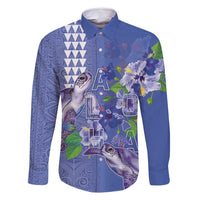 Hawaii Aloha Turtle Hibiscus and Leaves Family Matching Off Shoulder Short Dress and Hawaiian Shirt with Polynesian and Kakau Tattoos Denim Color - Polynesian Pride