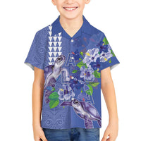 Hawaii Aloha Turtle Hibiscus and Leaves Family Matching Summer Maxi Dress and Hawaiian Shirt with Polynesian and Kakau Tattoos Denim Color - Polynesian Pride