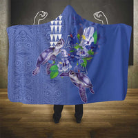 Hawaii Aloha Turtle Hibiscus and Leaves Hooded Blanket with Polynesian and Kakau Tattoos Denim Color LT03 - Polynesian Pride