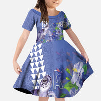Hawaii Aloha Turtle Hibiscus and Leaves Kid Short Sleeve Dress with Polynesian and Kakau Tattoos Denim Color - Polynesian Pride