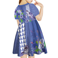 Hawaii Aloha Turtle Hibiscus and Leaves Kid Short Sleeve Dress with Polynesian and Kakau Tattoos Denim Color - Polynesian Pride