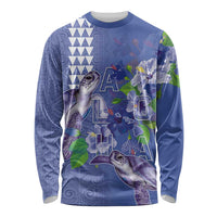 Hawaii Aloha Turtle Hibiscus and Leaves Long Sleeve Shirt with Polynesian and Kakau Tattoos Denim Color LT03 Unisex Blue - Polynesian Pride