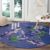 Hawaii Aloha Turtle Hibiscus and Leaves Round Carpet with Polynesian and Kakau Tattoos Denim Color LT03 - Polynesian Pride
