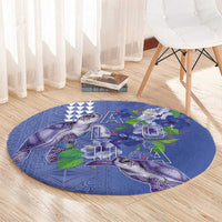 Hawaii Aloha Turtle Hibiscus and Leaves Round Carpet with Polynesian and Kakau Tattoos Denim Color LT03 - Polynesian Pride