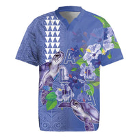 Hawaii Aloha Turtle Hibiscus and Leaves Rugby Jersey with Polynesian and Kakau Tattoos Denim Color - Polynesian Pride