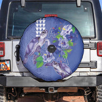 Hawaii Aloha Turtle Hibiscus and Leaves Spare Tire Cover with Polynesian and Kakau Tattoos Denim Color - Polynesian Pride