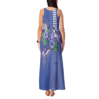 Hawaii Aloha Turtle Hibiscus and Leaves Tank Maxi Dress with Polynesian and Kakau Tattoos Denim Color - Polynesian Pride