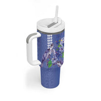 Hawaii Aloha Turtle Hibiscus and Leaves Tumbler With Handle with Polynesian and Kakau Tattoos Denim Color - Polynesian Pride