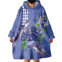 Hawaii Aloha Turtle Hibiscus and Leaves Wearable Blanket Hoodie with Polynesian and Kakau Tattoos Denim Color - Polynesian Pride