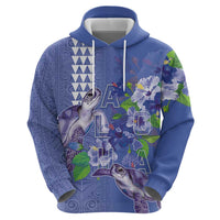Hawaii Aloha Turtle Hibiscus and Leaves Zip Hoodie with Polynesian and Kakau Tattoos Denim Color - Polynesian Pride