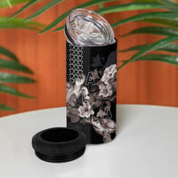 Hawaii Aloha Turtle Hibiscus and Leaves 4 in 1 Can Cooler Tumbler with Polynesian and Kakau Tattoos Black Color - Polynesian Pride