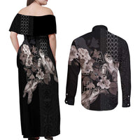 Hawaii Aloha Turtle Hibiscus and Leaves Couples Matching Off Shoulder Maxi Dress and Long Sleeve Button Shirt with Polynesian and Kakau Tattoos Black Color - Polynesian Pride