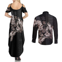 Hawaii Aloha Turtle Hibiscus and Leaves Couples Matching Summer Maxi Dress and Long Sleeve Button Shirt with Polynesian and Kakau Tattoos Black Color - Polynesian Pride