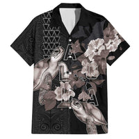 Hawaii Aloha Turtle Hibiscus and Leaves Family Matching Off Shoulder Short Dress and Hawaiian Shirt with Polynesian and Kakau Tattoos Black Color - Polynesian Pride