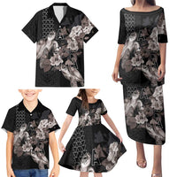 Hawaii Aloha Turtle Hibiscus and Leaves Family Matching Puletasi and Hawaiian Shirt with Polynesian and Kakau Tattoos Black Color - Polynesian Pride