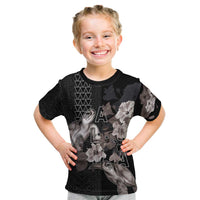 Hawaii Aloha Turtle Hibiscus and Leaves Kid T Shirt with Polynesian and Kakau Tattoos Black Color - Polynesian Pride