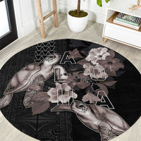 Hawaii Aloha Turtle Hibiscus and Leaves Round Carpet with Polynesian and Kakau Tattoos Black Color LT03 Black - Polynesian Pride