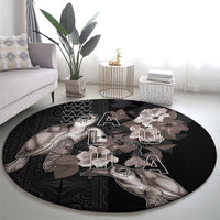 Hawaii Aloha Turtle Hibiscus and Leaves Round Carpet with Polynesian and Kakau Tattoos Black Color LT03 - Polynesian Pride
