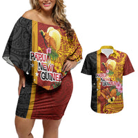 Papua New Guinea Independence Day Couples Matching Off Shoulder Short Dress and Hawaiian Shirt Birds-of-Paradise Melanesian Tattoos Tropical Plants