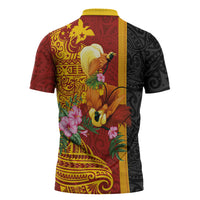 Papua New Guinea Independence Day Zipper Polo Shirt Birds-of-Paradise Melanesian Tattoos Tropical Plants