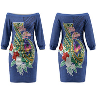 Guam Chamorro Couples Matching Off The Shoulder Long Sleeve Dress and Hawaiian Shirt Tribal Latte Stone and Seal Artwork Polynesian Patterns
