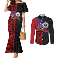 Personalised Samoa 685 Couples Matching Mermaid Dress and Long Sleeve Button Shirt Siapo Pattern and Samoa Flag Design
