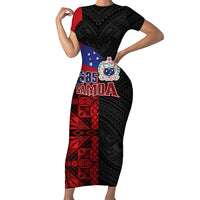 Personalised Samoa 685 Family Matching Short Sleeve Bodycon Dress and Hawaiian Shirt Siapo Pattern and Samoa Flag Design LT03 Mom's Dress Black - Polynesian Pride