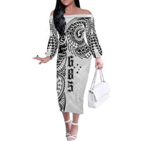 Samoa 685 Art Traditional Tattoo Pattern Family Matching Off The Shoulder Long Sleeve Dress and Hawaiian Shirt White Color LT03 Mom's Dress White - Polynesian Pride