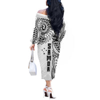 Samoa 685 Art Traditional Tattoo Pattern Off The Shoulder Long Sleeve Dress White Color