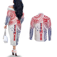 Samoa 685 Art Traditional Tattoo Pattern Couples Matching Off The Shoulder Long Sleeve Dress and Long Sleeve Button Shirt Gradient Color