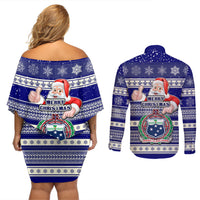Samoa Christmas Couples Matching Off Shoulder Short Dress and Long Sleeve Button Shirts The Santa Coat of Arms with Samoa Bracelet Pattern LT03 - Polynesian Pride