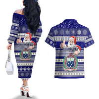 Custom Samoa Christmas Couples Matching Off The Shoulder Long Sleeve Dress and Hawaiian Shirt The Santa Coat of Arms with Samoa Bracelet Pattern LT03 - Polynesian Pride
