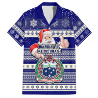 Custom Samoa Christmas Family Matching Off Shoulder Long Sleeve Dress and Hawaiian Shirt The Santa Coat of Arms with Samoa Bracelet Pattern LT03 Dad's Shirt - Short Sleeve Blue - Polynesian Pride