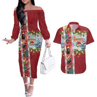 New Zealand Merry Christmas Couples Matching Off The Shoulder Long Sleeve Dress and Hawaiian Shirt Maori Animals, Koru Tattoo - Red Xmas Style
