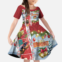 New Zealand Merry Christmas Family Matching Short Sleeve Bodycon Dress and Hawaiian Shirt Maori Animals, Koru Tattoo - Red Xmas Style LT03 Daughter's Dress Red - Polynesian Pride
