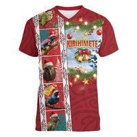 New Zealand Merry Christmas Women V-Neck T-Shirt Maori Animals, Koru Tattoo - Red Xmas Style LT03 Female Red - Polynesian Pride