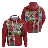 New Zealand Merry Christmas Zip Hoodie Maori Animals, Koru Tattoo - Red Xmas Style