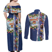 New Zealand Merry Christmas Couples Matching Off Shoulder Maxi Dress and Long Sleeve Button Shirt Maori Animals, Koru Tattoo - Blue Xmas Style