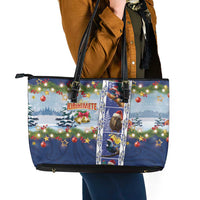 New Zealand Merry Christmas Leather Tote Bag Maori Animals, Koru Tattoo - Blue Xmas Style LT03 - Polynesian Pride