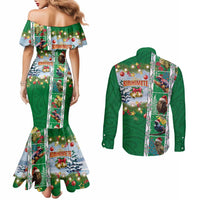 New Zealand Merry Christmas Couples Matching Mermaid Dress and Long Sleeve Button Shirt Maori Animals, Koru Tattoo - Green Xmas Style