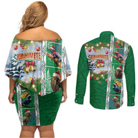 New Zealand Merry Christmas Couples Matching Off Shoulder Short Dress and Long Sleeve Button Shirt Maori Animals, Koru Tattoo - Green Xmas Style