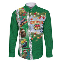 New Zealand Merry Christmas Family Matching Off Shoulder Short Dress and Hawaiian Shirt Maori Animals, Koru Tattoo - Green Xmas Style LT03 Dad's Shirt - Long Sleeve Green - Polynesian Pride
