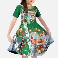 New Zealand Merry Christmas Family Matching Puletasi and Hawaiian Shirt Maori Animals, Koru Tattoo - Green Xmas Style LT03 Daughter's Dress Green - Polynesian Pride