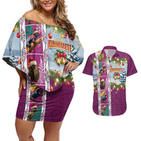 New Zealand Merry Christmas Couples Matching Off Shoulder Short Dress and Hawaiian Shirt Maori Animals, Koru Tattoo - Pink Xmas Style LT03 Pink - Polynesian Pride